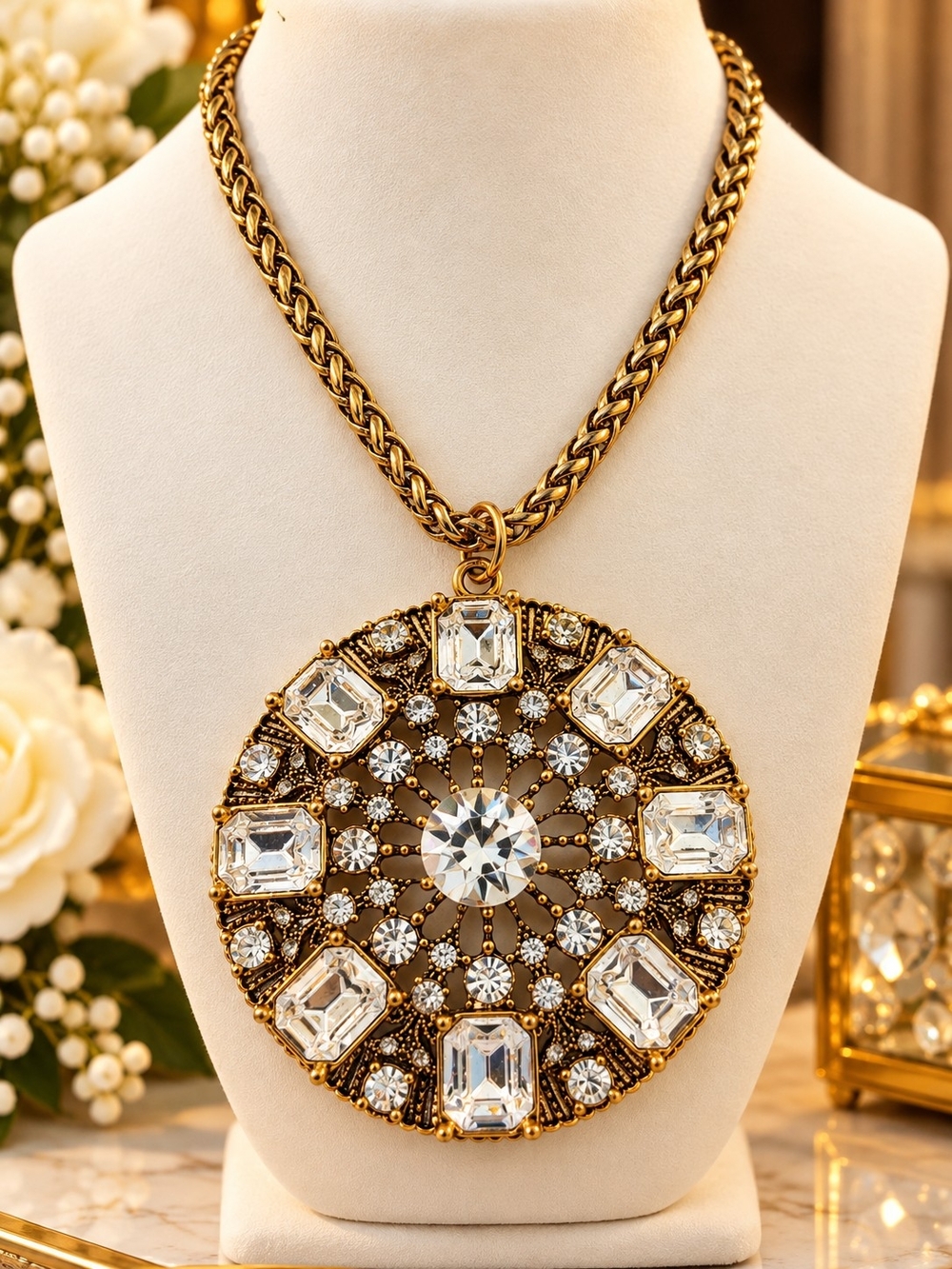 Gold Statement Pendant Necklace with Clear Crystal Accents